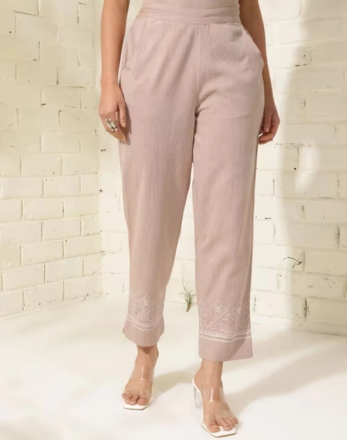 Beige Cotton Chikankari Casual Tapered Pant