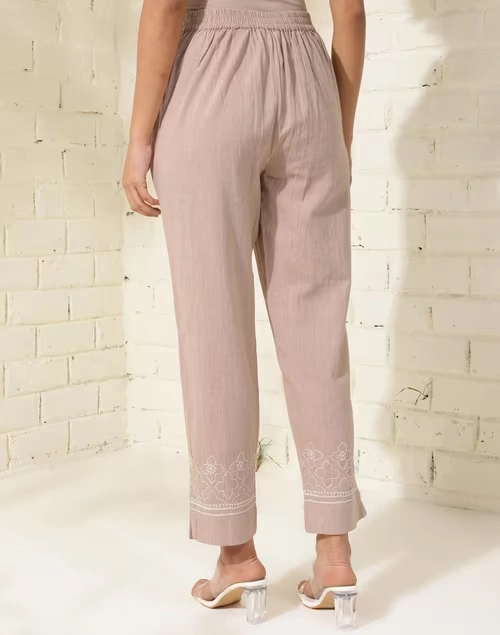 Beige Cotton Chikankari Casual Tapered Pant