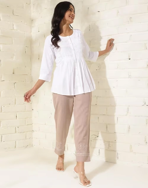 Beige Cotton Chikankari Casual Tapered Pant 3 Beige Cotton Chikankari Casual Tapered Pant
