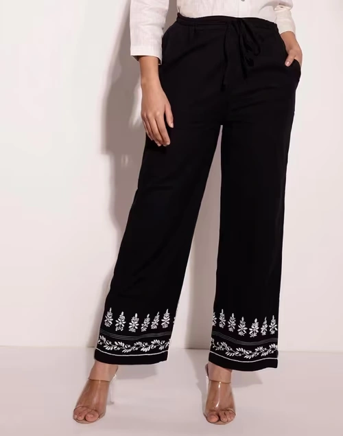 Black Cotton Chikankari Casual PJ Pant With Drawstring 3 Black Cotton Chikankari Casual PJ Pant With Drawstring