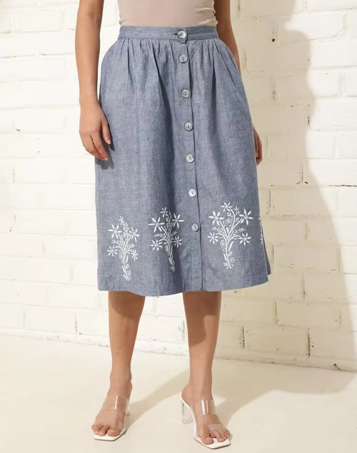 Blue Cotton Chikankari Skirt Midi