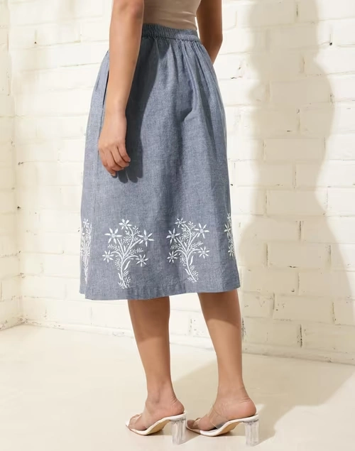 Blue Cotton Chikankari Skirt Midi