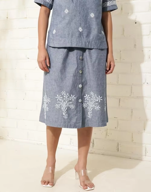 Blue Cotton Chikankari Skirt Midi 3 Blue Cotton Chikankari Skirt Midi