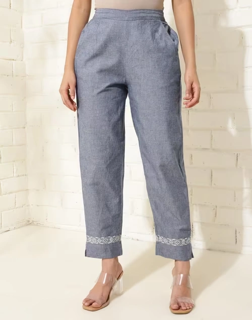 Blue Cotton Chikankari Casual Tapered Pant