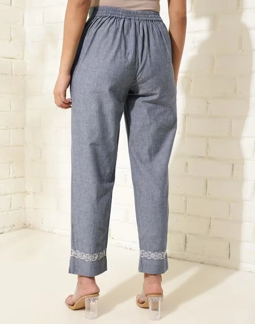 Blue Cotton Chikankari Casual Tapered Pant