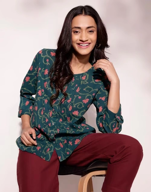 Green Cotton Printed Top