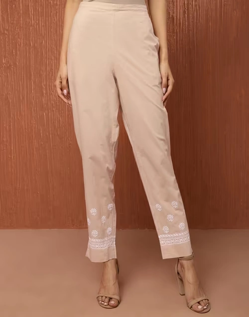 Beige Cotton Chikankari Ethnic Pant
