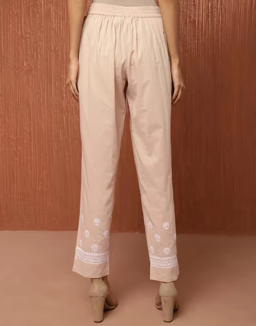 Beige Cotton Chikankari Ethnic Pant