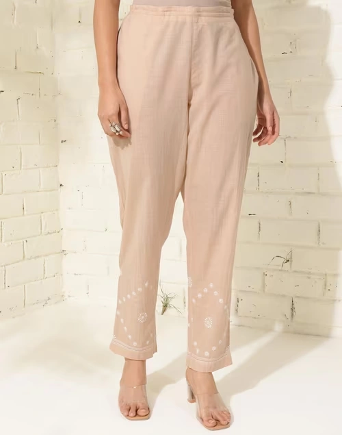 Beige Cotton Chikankari Ethnic Pant