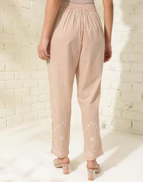 Beige Cotton Chikankari Ethnic Pant