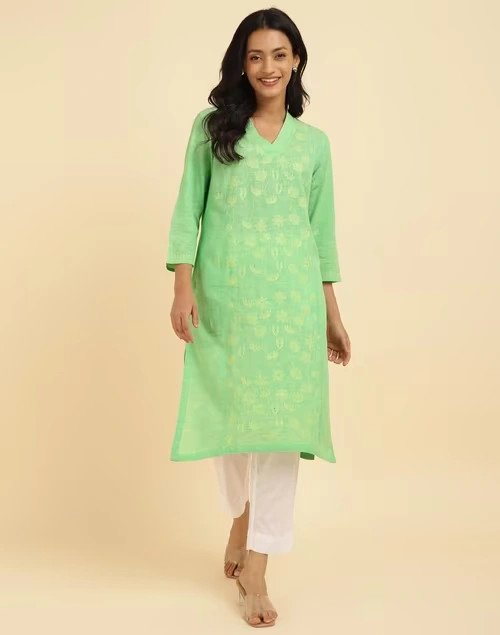 Green Cotton Chikankari Knee Length Kurta
