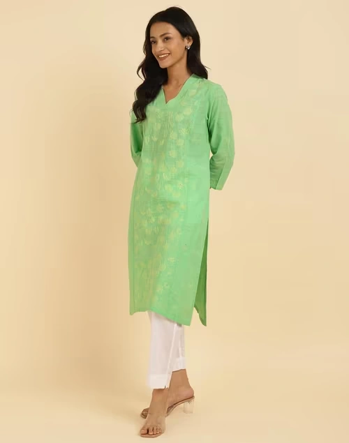 Green Cotton Chikankari Knee Length Kurta