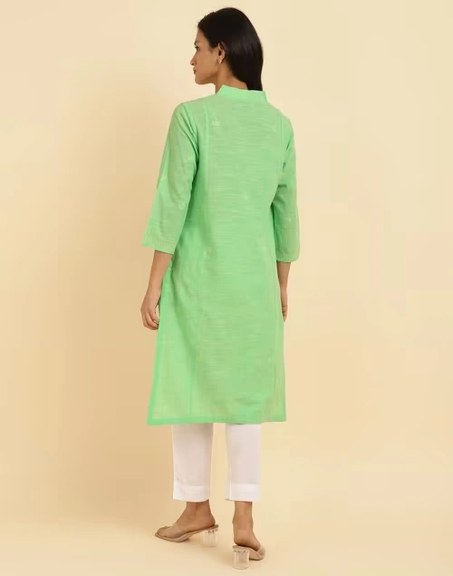 Green Cotton Chikankari Knee Length Kurta