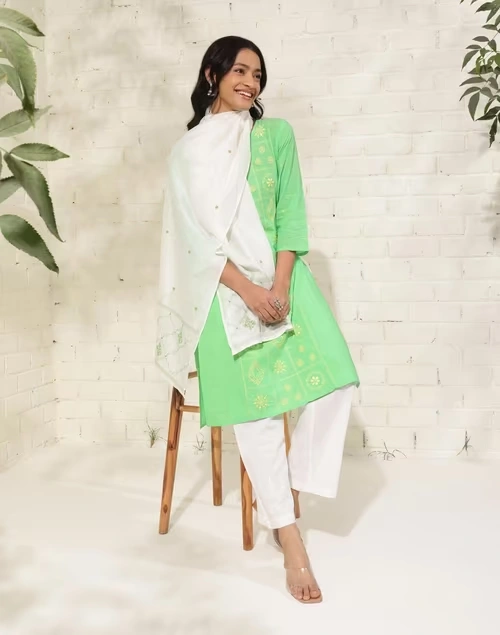 Green Cotton Chikankari Knee Length Kurta