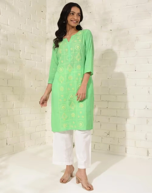 Green Cotton Chikankari Knee Length Kurta