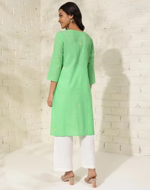 Green Cotton Chikankari Knee Length Kurta