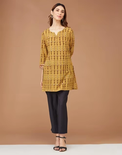 Mustard Cotton Dabu Printed Slim Fit Short Kurta