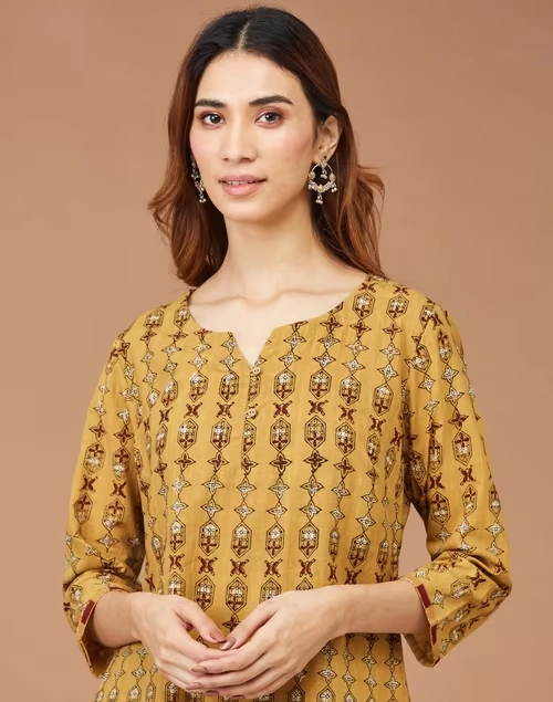 Mustard Cotton Dabu Printed Slim Fit Short Kurta