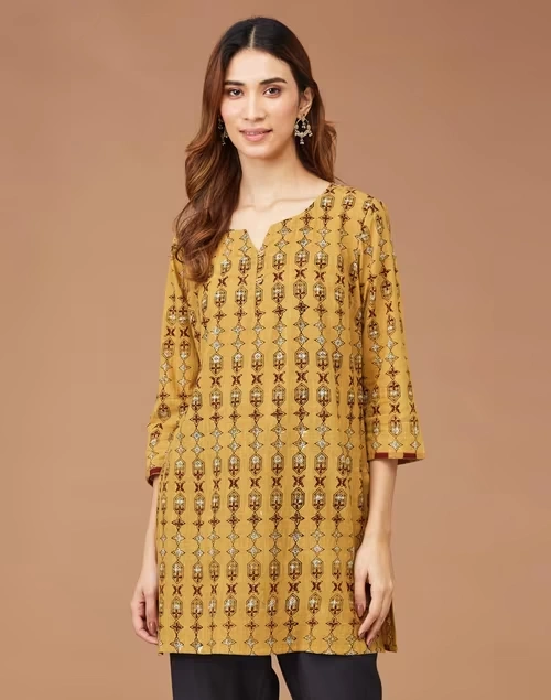 Mustard Cotton Dabu Printed Slim Fit Short Kurta
