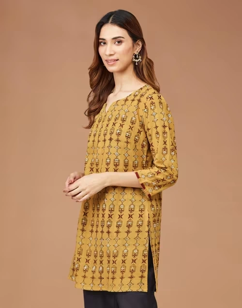 Mustard Cotton Dabu Printed Slim Fit Short Kurta