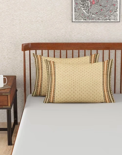 Beige Cotton Karwan Printed Pillow Cover - Set of 2