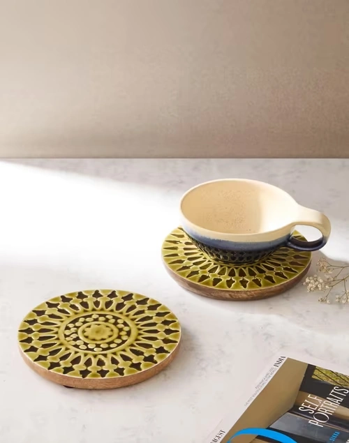 Green Wood Rang Enamelled Trivet Set Of 2