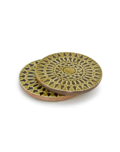 Green Wood Rang Enamelled Trivet Set Of 2