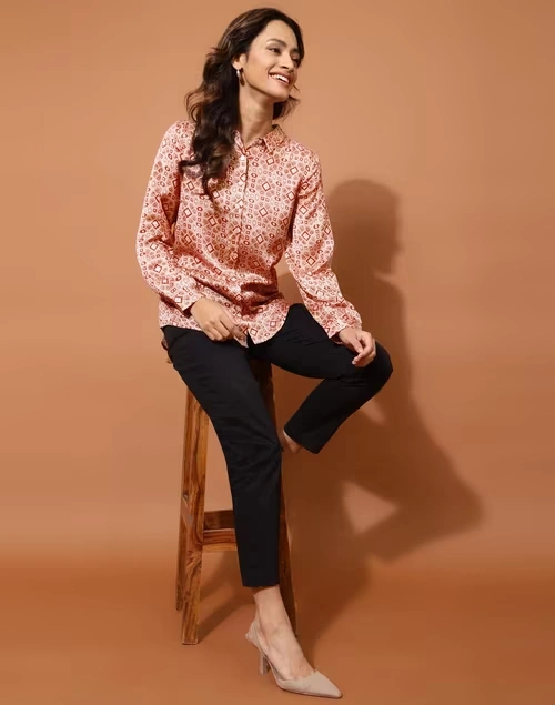 Beige Rayon Blend Printed Shirt