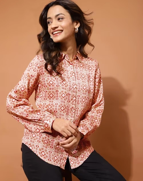 Beige Rayon Blend Printed Shirt