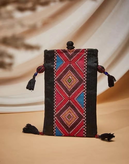 Black Hand Embroidered Mobile Pouch