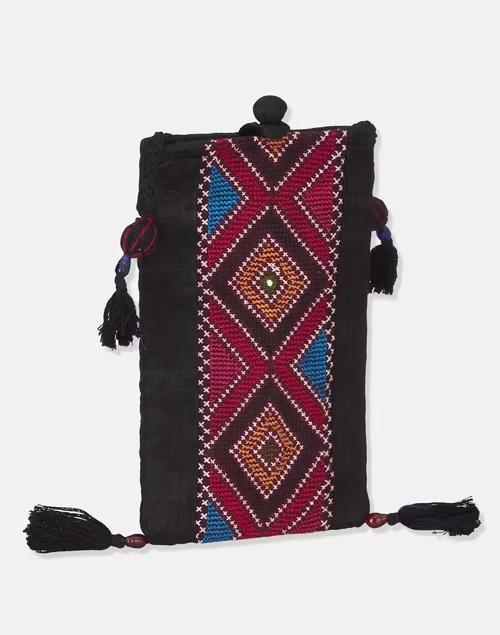 Black Hand Embroidered Mobile Pouch 4 Black Hand Embroidered Mobile Pouch