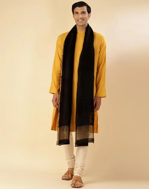 Black Silk Blend Woven Men Stole