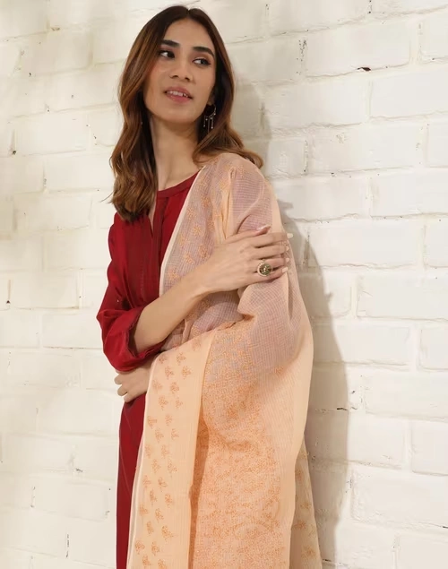 Beige Cotton Silk Chikankari Dupatta