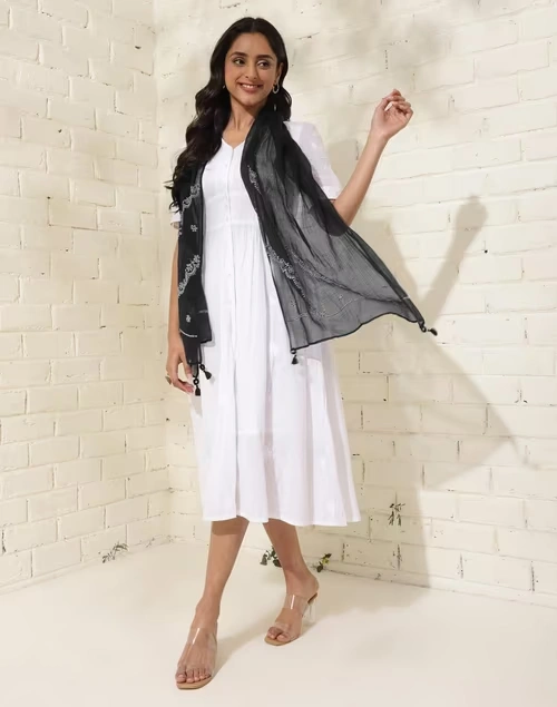 Black Cotton Silk Chikankari Stole