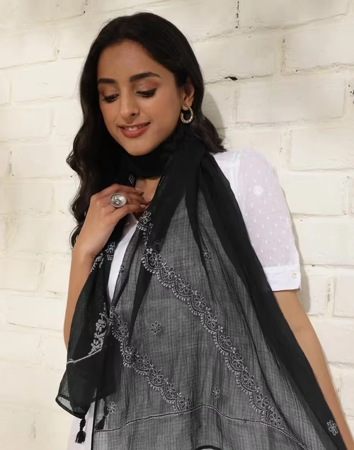 Black Cotton Silk Chikankari Stole 3 Black Cotton Silk Chikankari Stole
