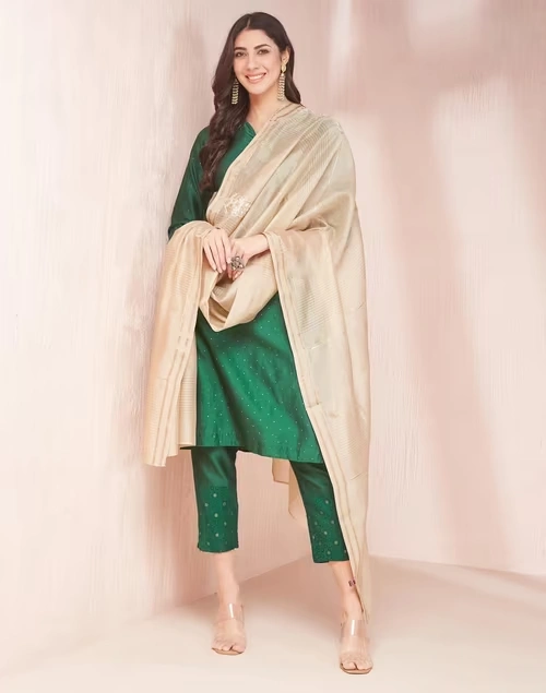 Beige Cotton Silk Chikankari Dupatta