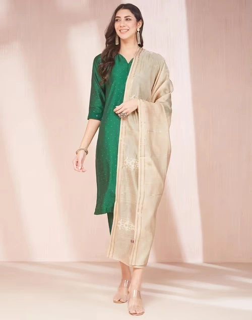 Beige Cotton Silk Chikankari Dupatta