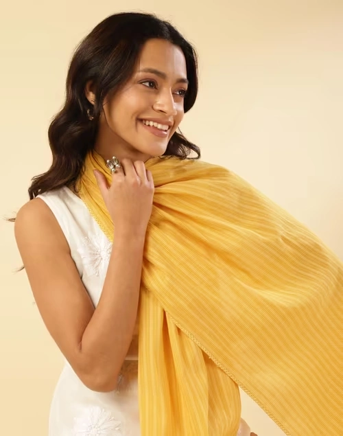 Yellow Cotton Embroidered Stole