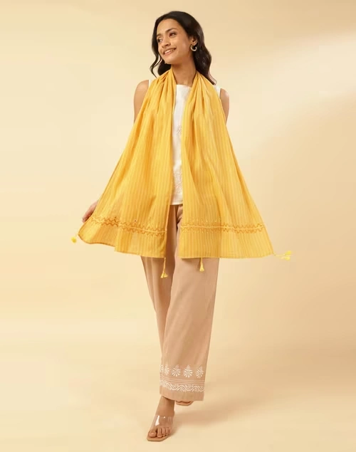 Yellow Cotton Embroidered Stole