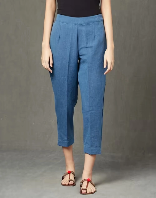 Blue Cotton Slim Fit Casual Cropped Pant
