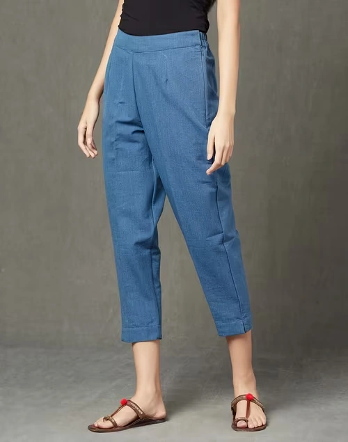 Blue Cotton Slim Fit Casual Cropped Pant