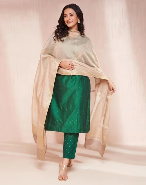 Beige Cotton Silk Chikankari Dupatta