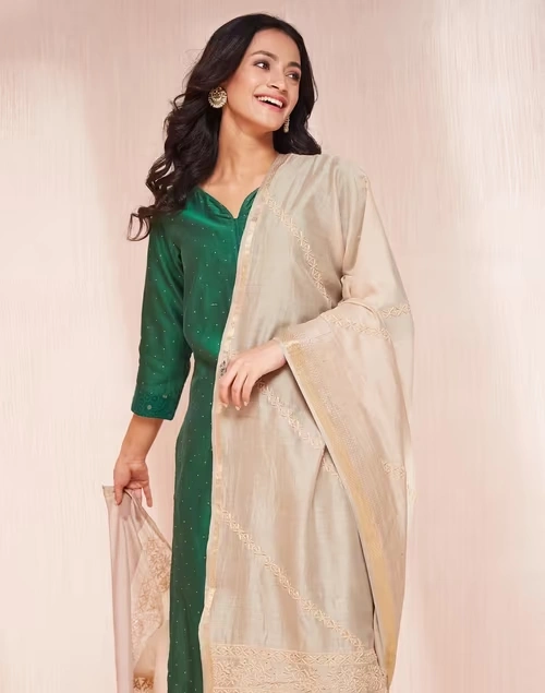 Beige Cotton Silk Chikankari Dupatta