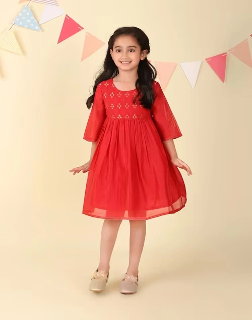 Red Cotton Silk Woven Dress