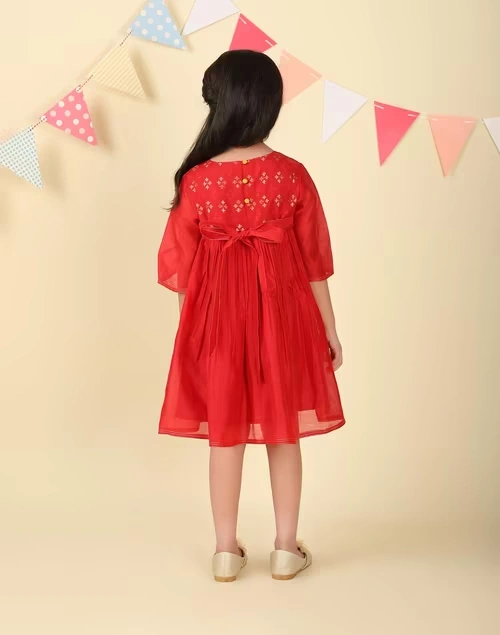 Red Cotton Silk Woven Dress