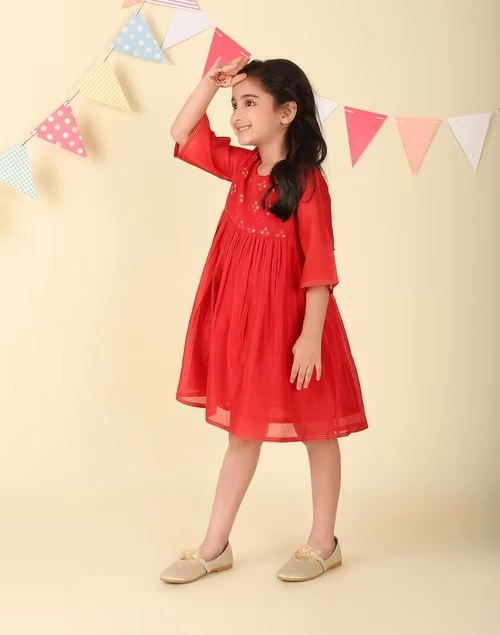 Red Cotton Silk Woven Dress