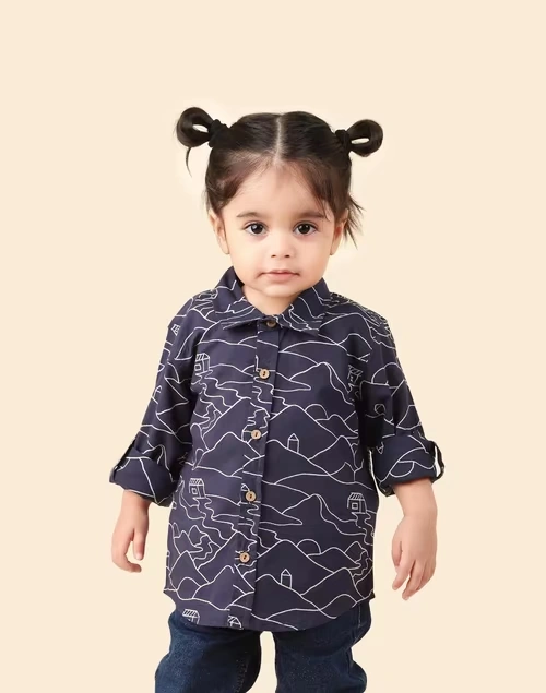 Navy Cotton Printed Shirt