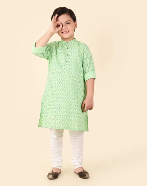Green Cotton Hand Block Printed Long Kurta