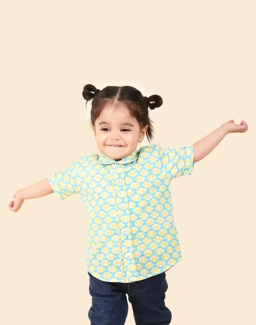 Teal Cotton Hand Block Printed Shirt