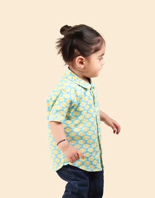 Teal Cotton Hand Block Printed Shirt